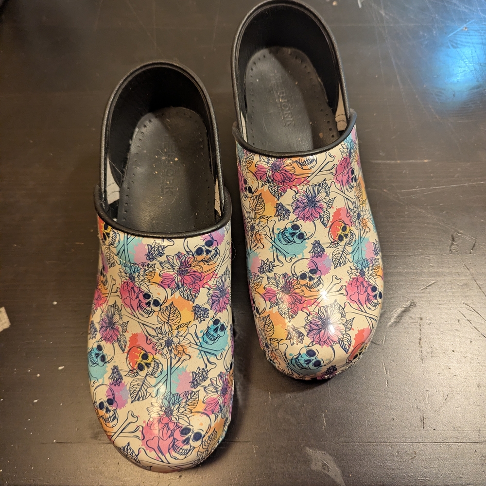 Dansko Multicolor Skull and Flower Mules